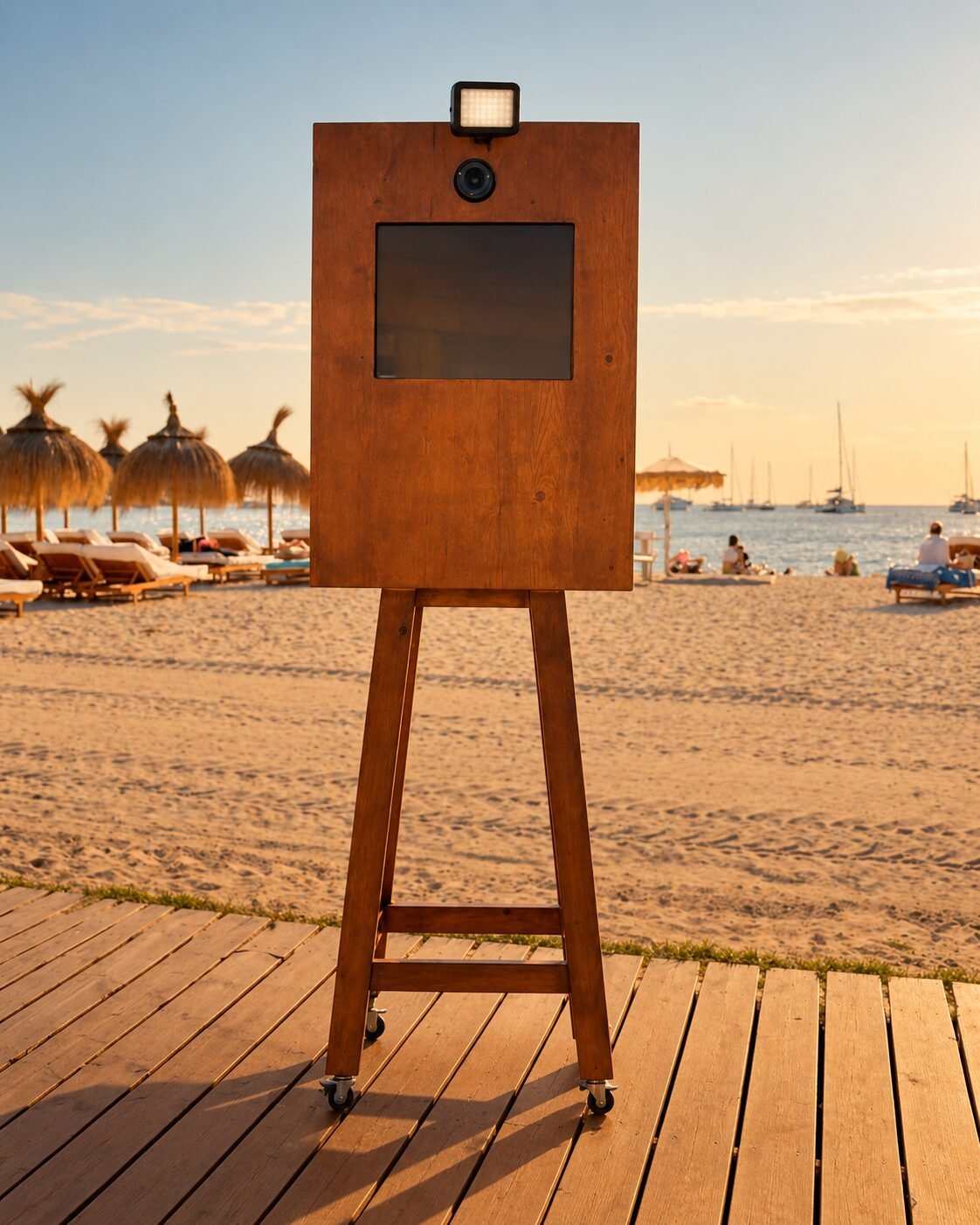 Fotomatón vintage de madera frente al mar en una boda